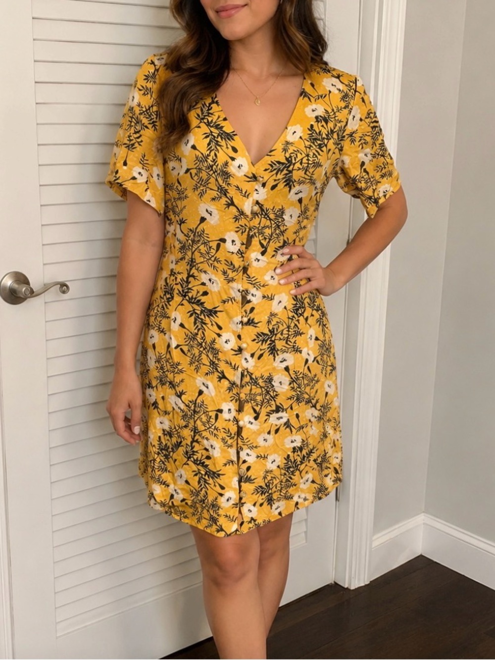 Roxy Honey Yellow Floral V-Neck Button-Front Dress